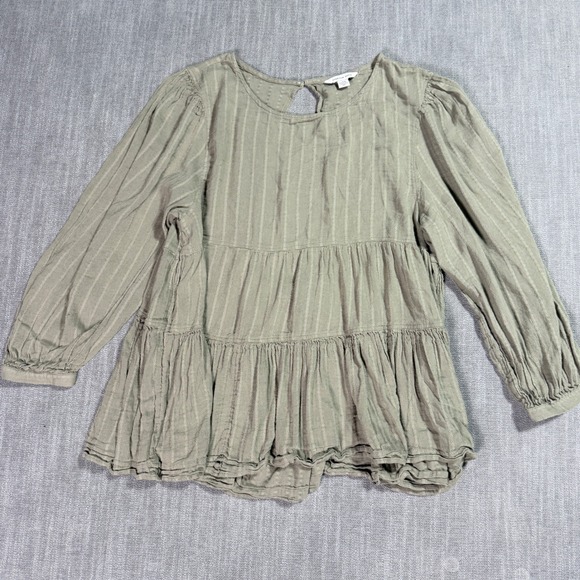 American Eagle Outfitters Tops - American Eagle Sage Green Striped Tiered Babydoll Top Open Back Blouse Large
